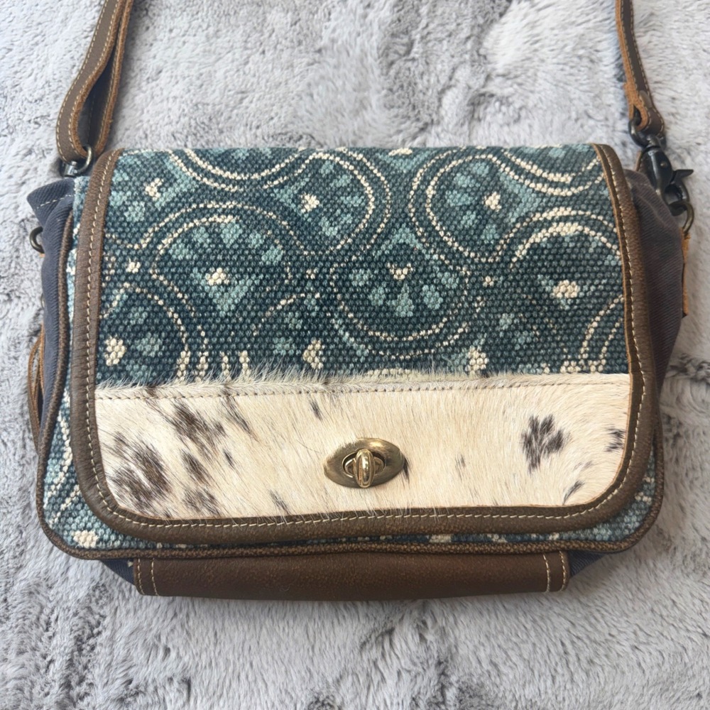 Myra Bag Canvas Cowhide Rug Tapestry Crossbody‎ Bag Teal Brown S-1250